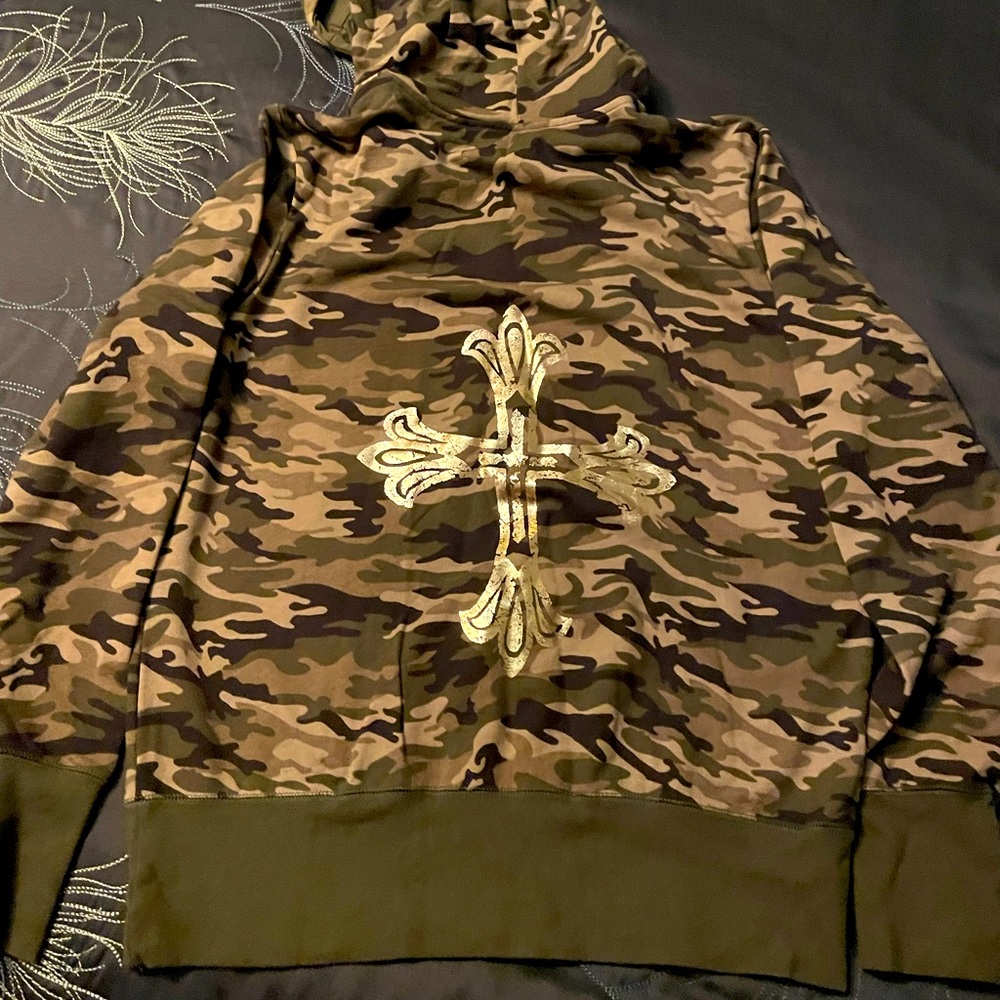 Cammo Zip-Up Embellished Hooded Sweatshirt